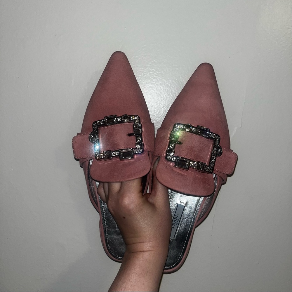 Prada Rose Pink Jeweled Buckle Suede Mule - Picture 4 of 8